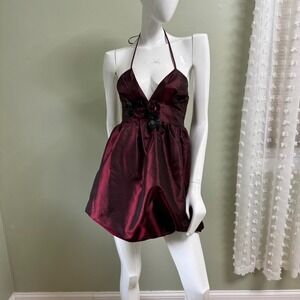 Vintage 2000s Little Black Dress Co. Burgundy Satin Halter Bubble Mini Dress – S